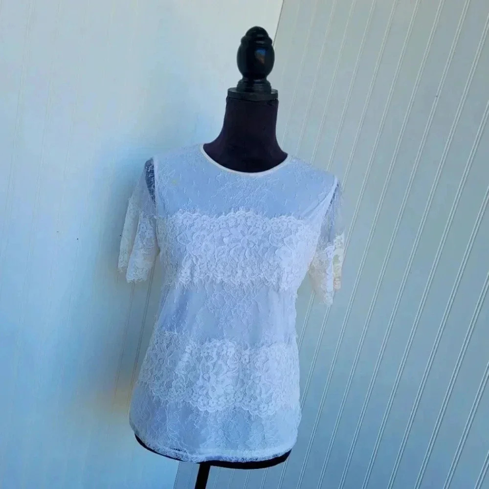 Express Top Women White Nylon Keyhole Short Sleeve Crew Neck Lace Shirt Stretc S